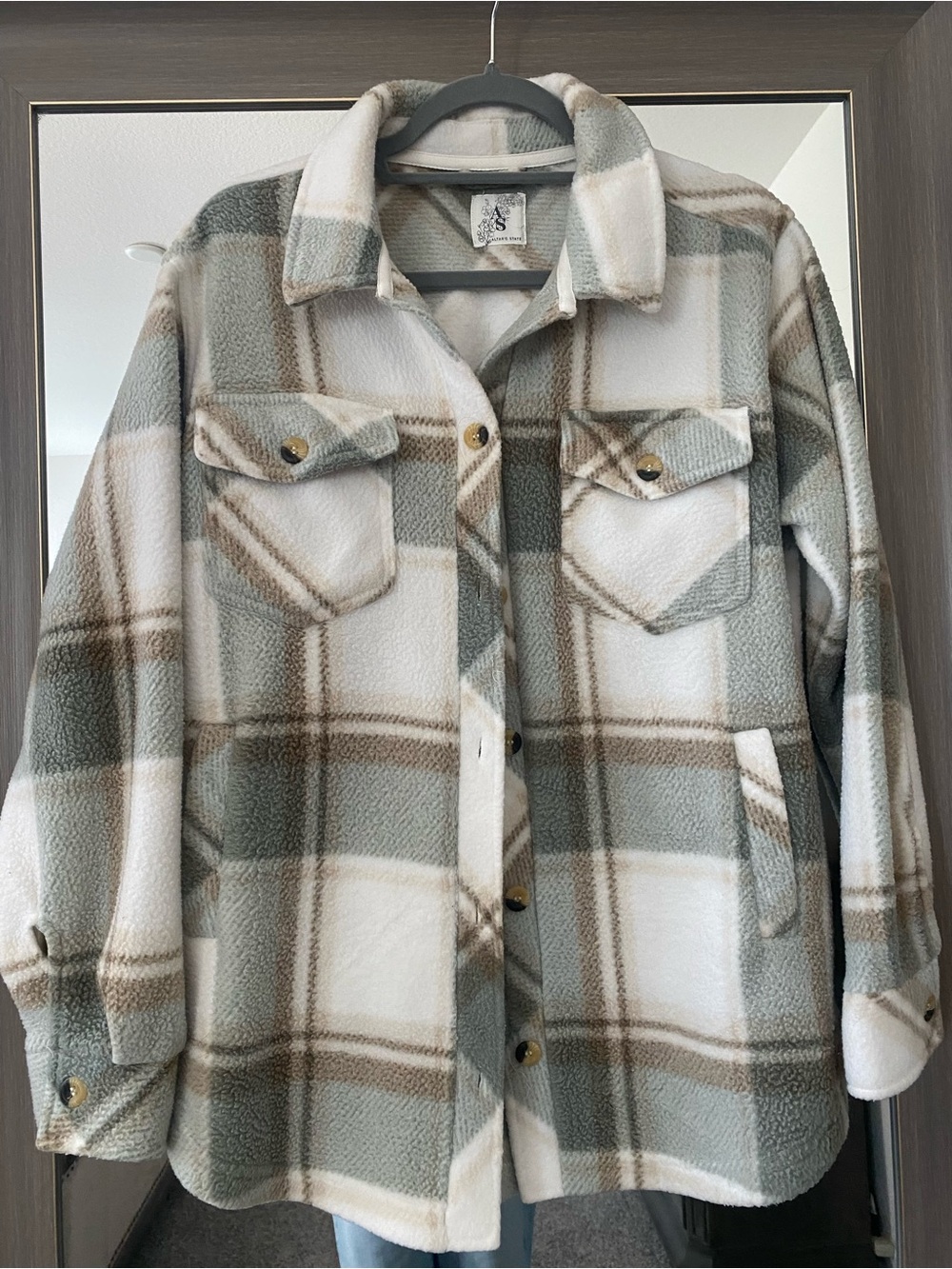 Altar'd State Cream & Sage Plaid Sherpa Shacket
